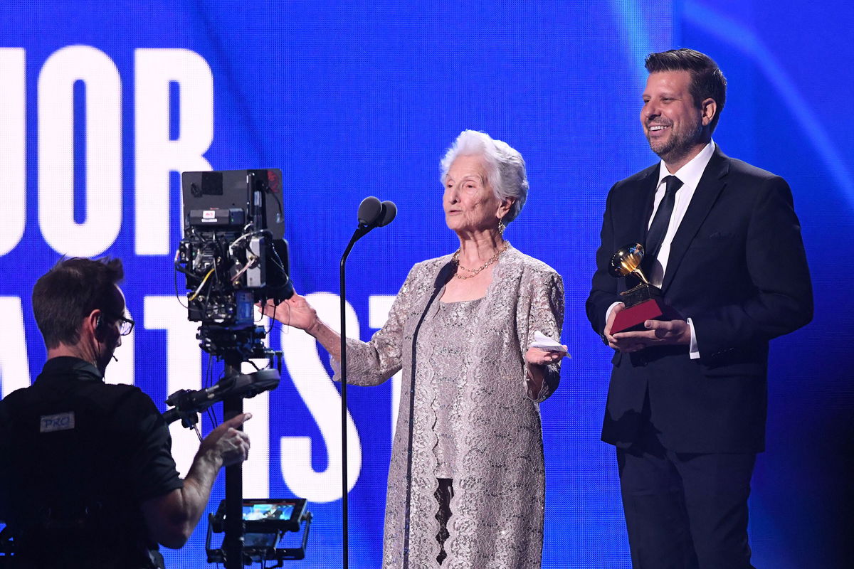 <i>Valerie Macon/AFP/Getty Images</i><br/>Singer Angela Álvarez accepts the award for best new artist on stage during the 23rd Annual Latin Grammy awards in Las Vegas