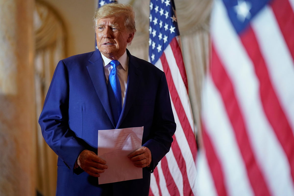 <i>Andrew Harnik/AP/FILE</i><br/>Former President Donald Trump arrives to speak at Mar-a-Lago on November 8 in Palm Beach