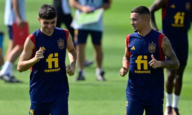 Pedri (left) and Yeremy Pino (right) take part in a training session at Qatar University in Doha on November 21.