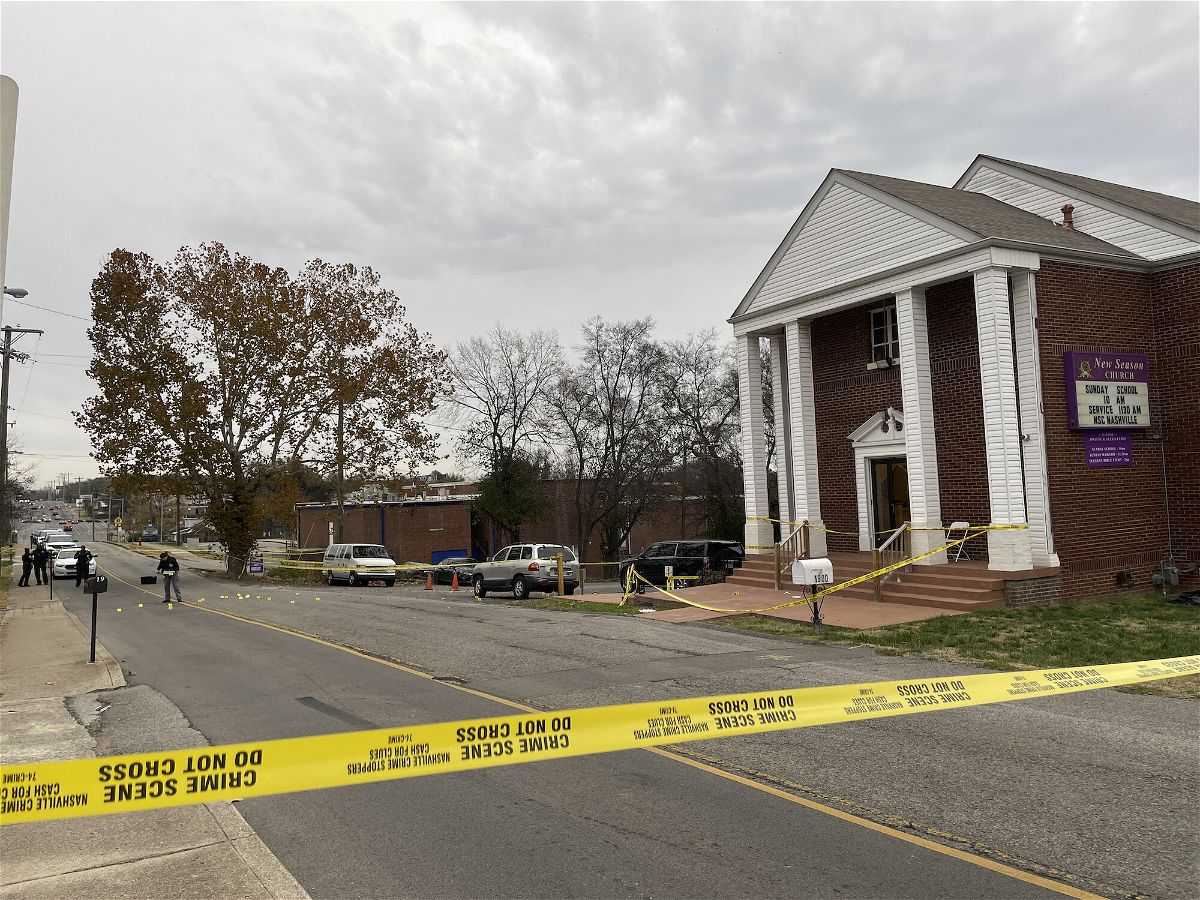 <i>Jonathan Mattise/AP</i><br/>A crime scene is taped off at New Season Church in Nashville Saturday.