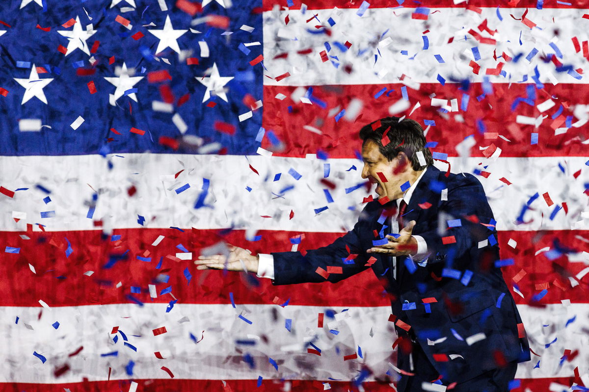 <i>Scott McIntyre/The New York Times/Redux</i><br/>Florida Gov. Ron DeSantis celebrates at an election night party in Tamp on November after winning his race for reelection. DeSantis insisted a statement victory in his bid for a second term needed to precede any discussion of 2024.