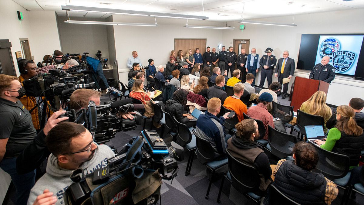 <i>Zach Wilkinson/AP</i><br/>Media members gather as Chief James Fry speaks during a press conference about a quadruple homicide investigation involving four University of Idaho students at the Moscow Police Department on Wednesday