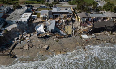 An aerial view of destroyed beachfront homes in the aftermath of Hurricane Nicole at Daytona Beach