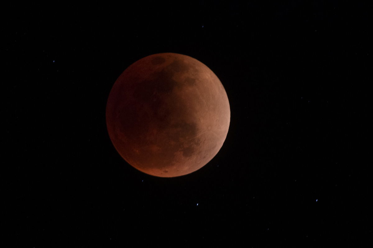 <i>Ernesto Benavides/AFP/Getty Images</i><br/>The full blood moon is seen during a total lunar eclipse in Canta