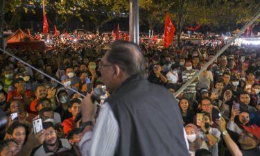 Anwar Ibrahim delivers a speech during a campaign rally for Pakatan Harapan in Kuala Lumpur on November 17.