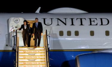 Vice President Kamala Harris and her husband Doug Emhoff arrive at Ninoy Aquino International Airport