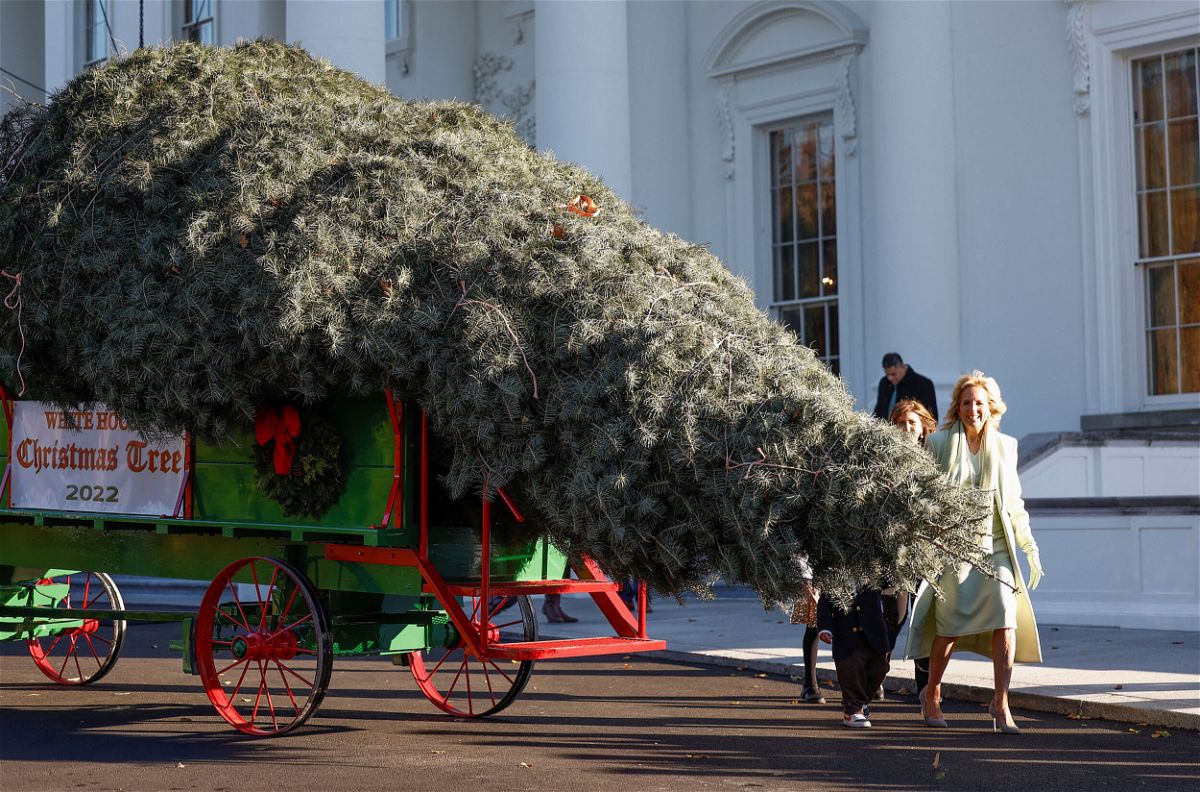 <i>Evelyn Hockstein/Reuters</i><br/>First lady Jill Biden receives the official 2022 White House Christmas Tree at the White House in Washington