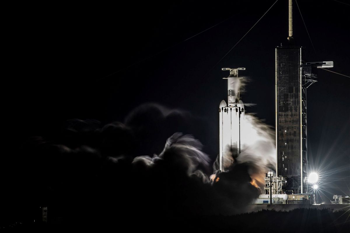 The Falcon Heavy rocket shown during a ground test at its launch site in Florida in October.