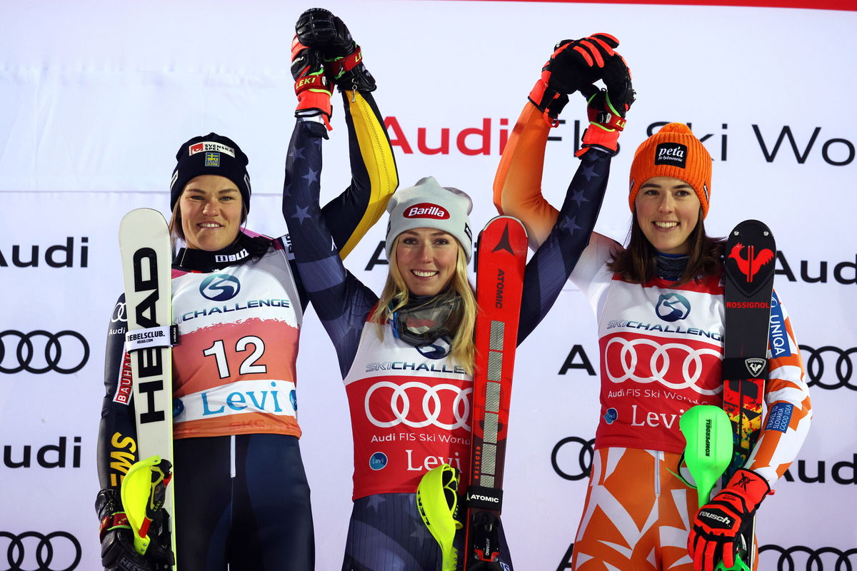 <i>Alessandro Trovati/AP</i><br/>Mikaela Shiffrin celebrates on the podium.