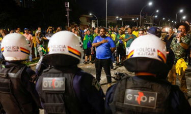 Police officers stand guard  during a protest in Brasilia