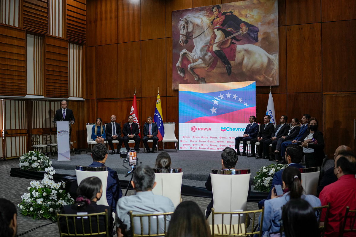 <i>Matias Delacroix/AP</i><br/>Venezuelan Petroleum Minister Tareck El Aissami speaks during a signing ceremony with California-based Chevron