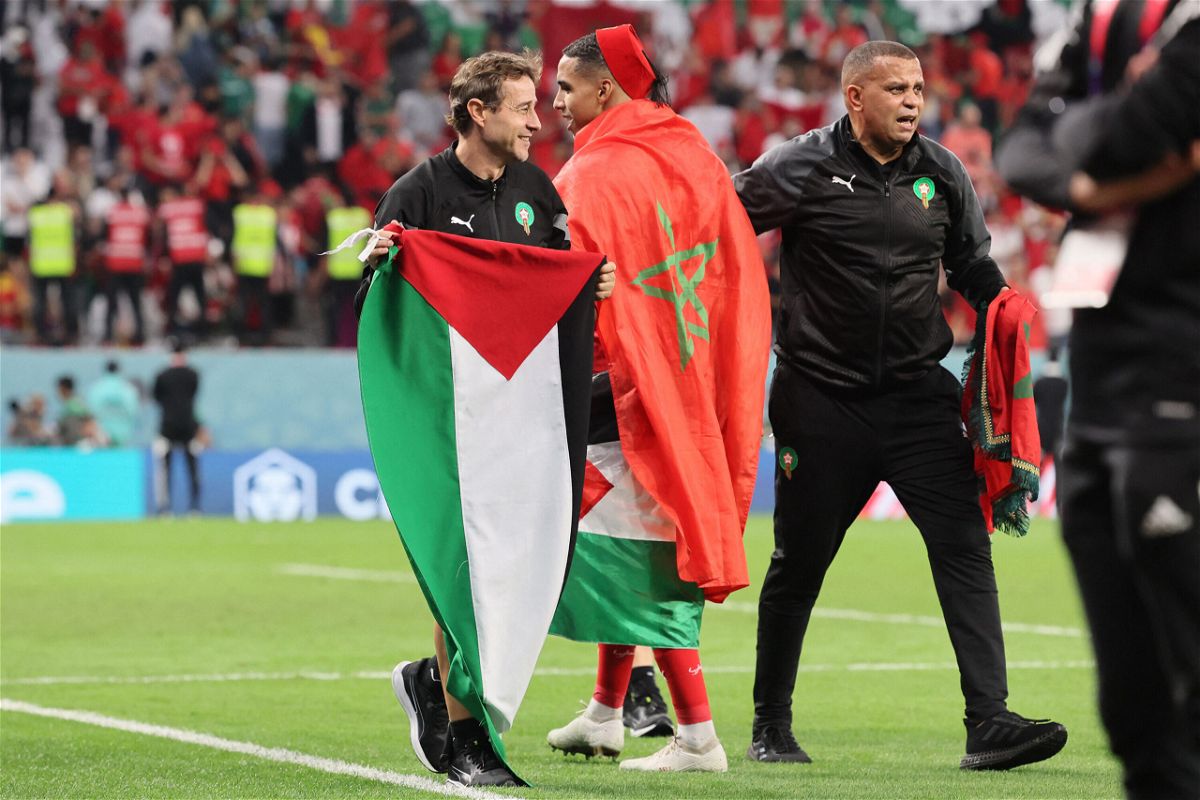 <i>Karim Jaafar/AFP/Getty Images</i><br/>The Moroccan team displayed a Palestinian flag after defeating Spain at the World Cup.