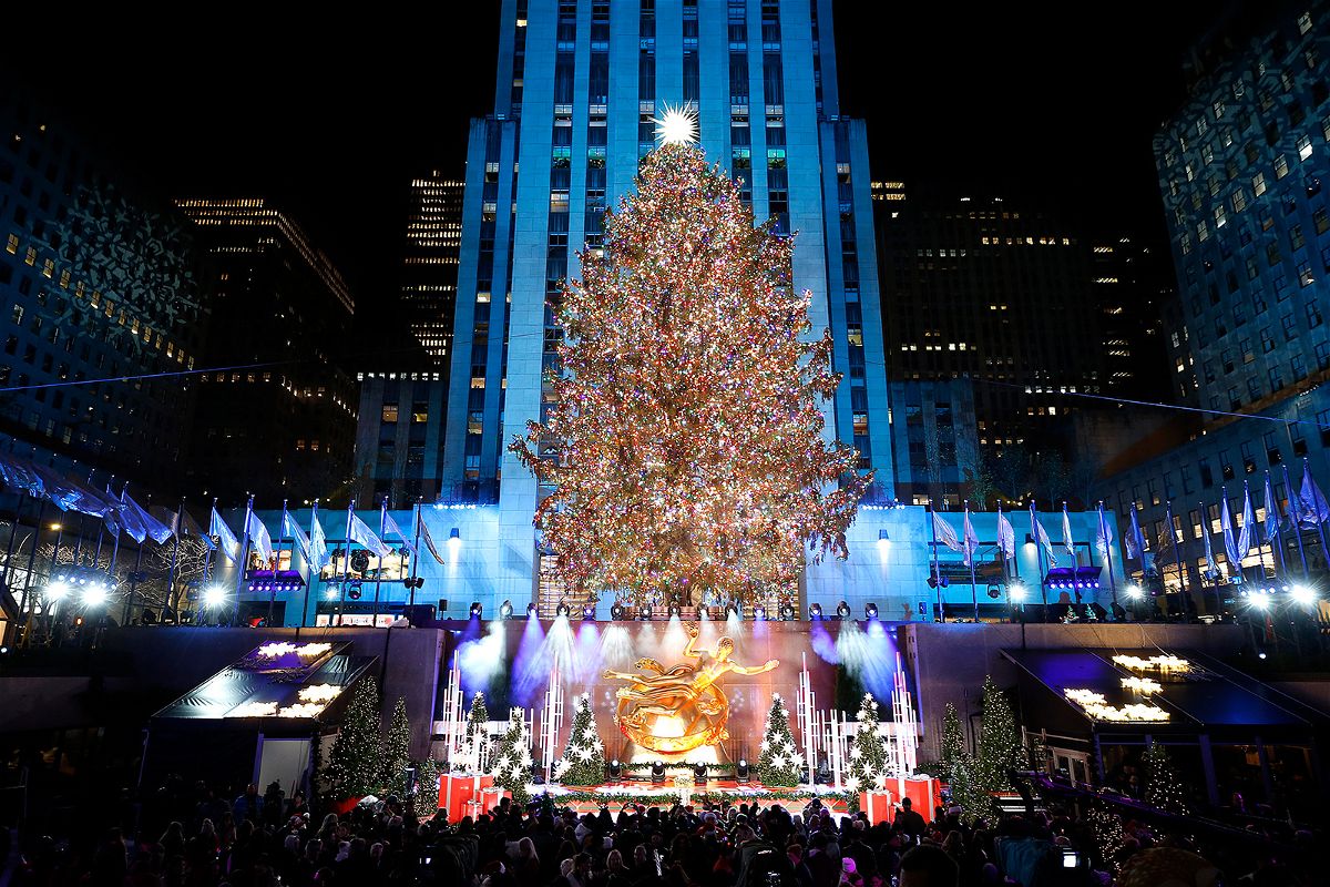 NEW YORK, NEW YORK - NOVEMBER 30:  A view of the Rockefeller Center Christmas Tree, with Swarovski Star atop, during the 2022 Rockefeller Center Christmas Tree Lighting Ceremony at Rockefeller Center on November 30, 2022 in New York City. (Photo by John Lamparski/Getty Images)