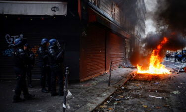 Gendarmerie officers stand guard as members of the Kurdish community demonstrate in Paris on December 24.