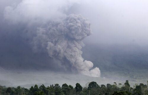 Pyroclastic flow rolls down the slope of Mount Semeru during an eruption in Lumajang