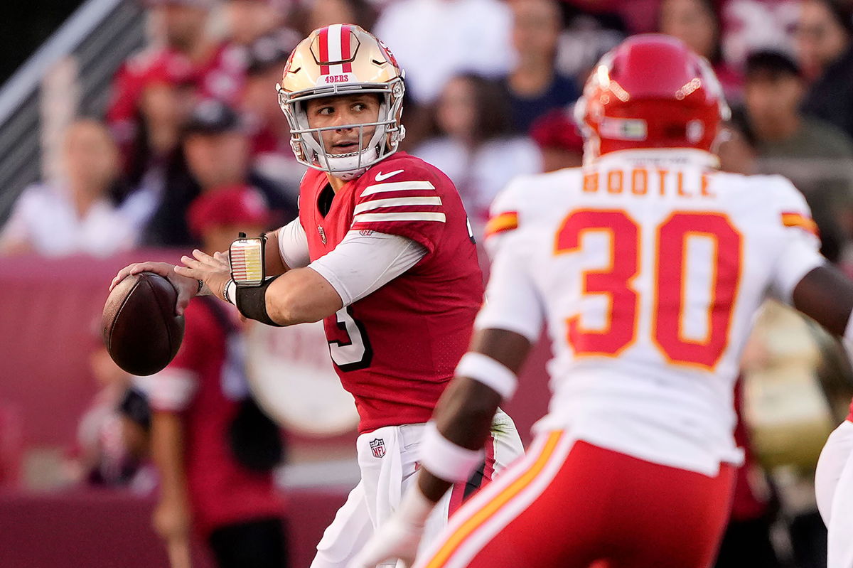 <i>Thearon W. Henderson/Getty Images</i><br/>Brock Purdy passes in the fourth quarter against the Kansas City Chiefs at Levi's Stadium on October 23.