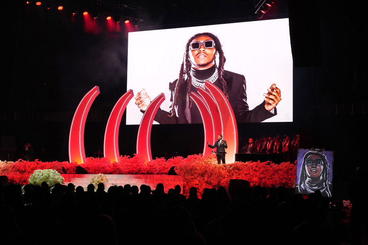 <i>Kevin Mazur/Getty Images</i><br/>Mayor of Atlanta Andre Dickens spoke onstage during Takeoff's Celebration of Life in Atlanta.