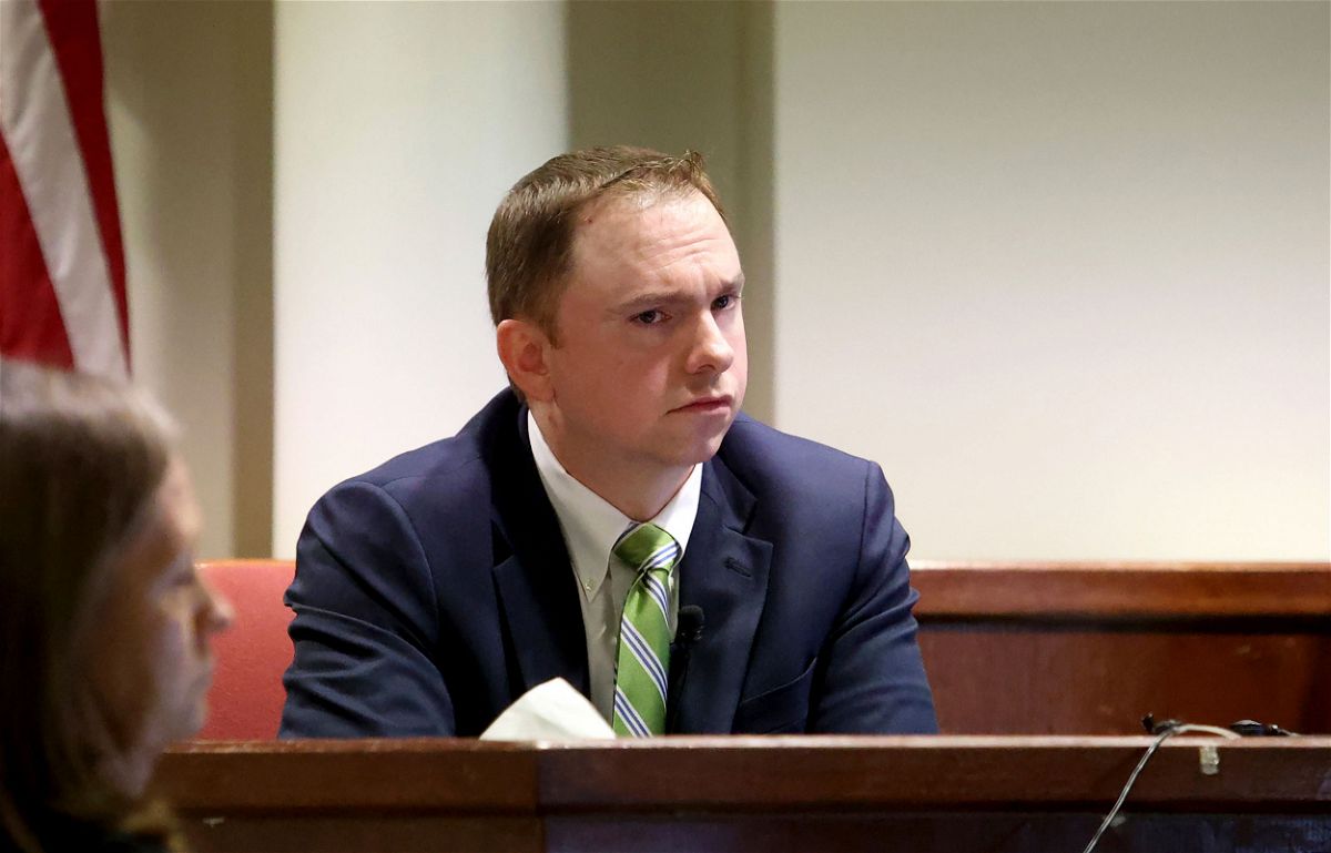 Defendant Aaron Dean takes the stand to testify on Monday, Dec. 12, 2022, during his trial for the murder of Atatiana Jefferson in Fort Worth, Texas. Dean, a former Fort Worth police officer, is accused of fatally shooting Jefferson in 2019, during an open structure call. (Amanda McCoy/Star-Telegram via AP, Pool)