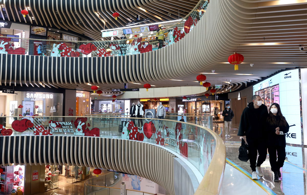 <i>Zhang Yu/China News Service/VCG/Getty Images</i><br/>A shopping mall is decorated with rabbit stickers to welcome the Lunar New Year