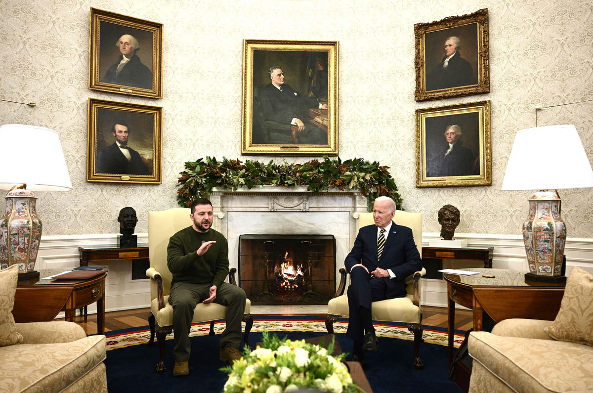 <i>Brendan Smialowski/AFP/Getty Images</i><br/>Kremlin spokesperson Dmitry Peskov criticized a meeting between Zelensky (left) and Biden (right) in Washington on December 21