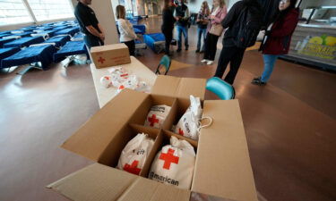 There was a 47-degree temperature drop in Denver in 2 hours. Care bags sit ready for people seeking refuge from the intense cold front sweeping over the intermountain West at Denver Coliseum on December 21 in Denver.