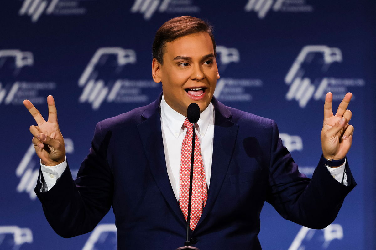 <i>Wade Vandervort/AFP/Getty Images</i><br/>US Rep.-elect George Santos speaks at the Republican Jewish Coalition Annual Leadership Meeting in Las Vegas on November 19.