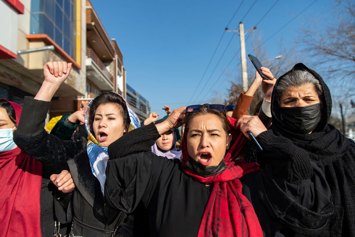 <i>Getty Images/Getty Images</i><br/>Afghan women protest against a new Taliban ban on women accessing university education on December 22 in Kabul