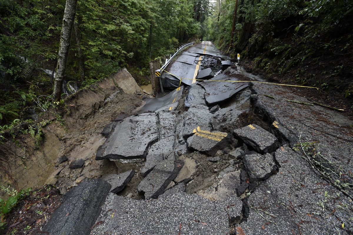 SCOTTS VALLEY, CALIFORNIA, US - JANUARY 09: A view of damage on the road after storm and heavy rain in the Santa Cruz Mountains above Silicon Valley in Scotts Valley, California, United States on January 09, 2023. (Photo by Neal Waters/Anadolu Agency via Getty Images)