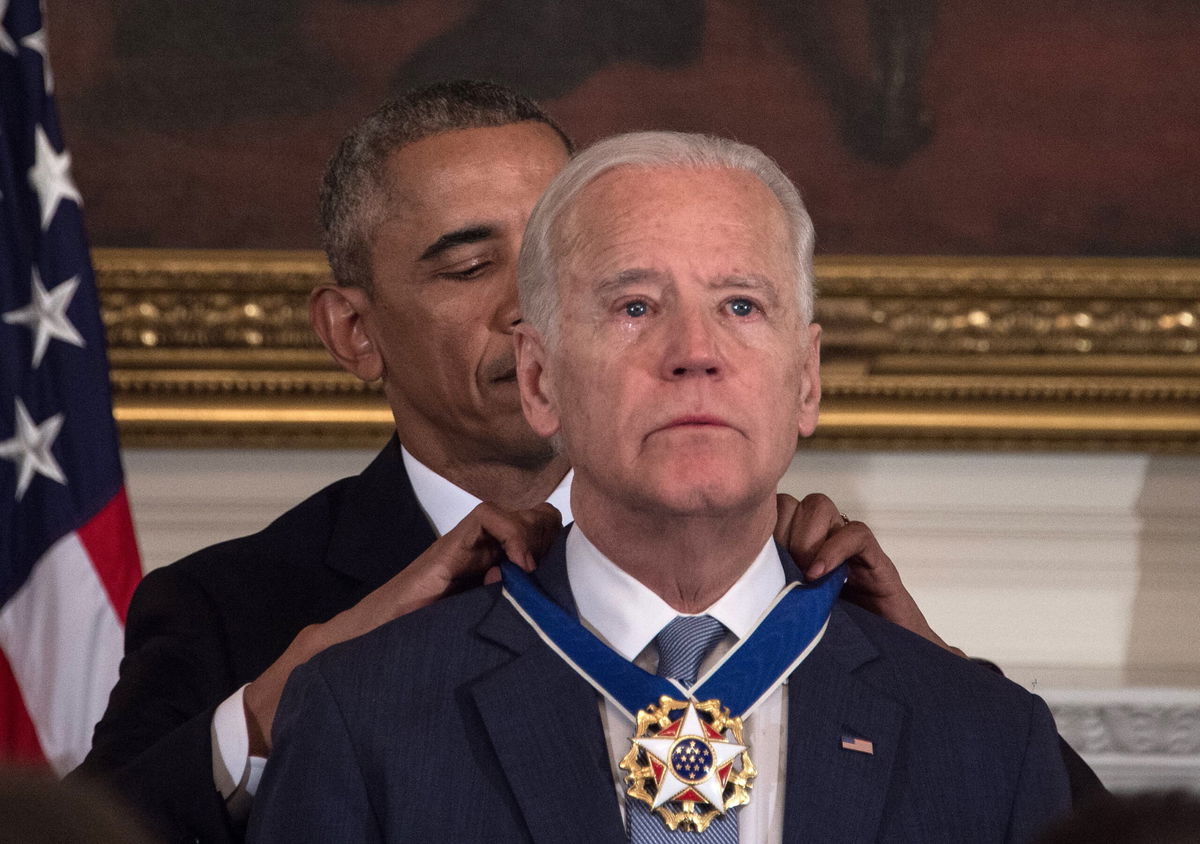 <i>Nicholas Kamm/AFP/Getty Images</i><br/>Former President Barack Obama awards former Vice President Joe Biden the Presidential Medal of Freedom at the White House in January of 2017.