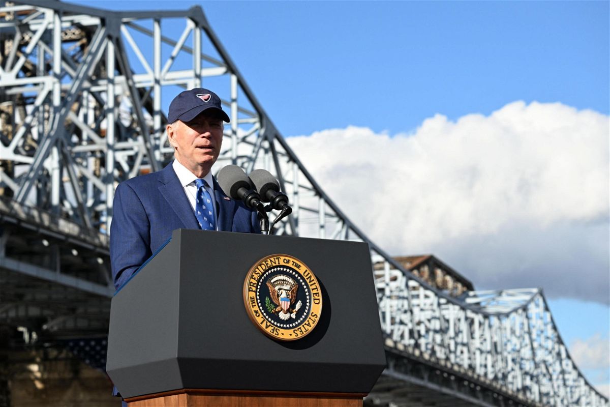 <i>Jim Watson/AFP/Getty Images</i><br/>US President Joe Biden speaks about the bipartisan infrastructure law in front of the Brent Spence Bridge in Covington