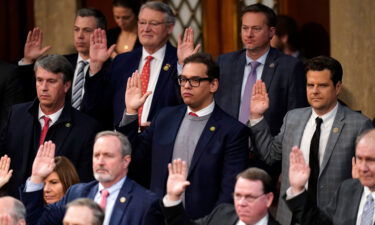 A campaign watchdog group wants to investigate New York Rep. George Santos' campaign finances. Santo is here sworn in by Speaker of the House Kevin McCarthy early Saturday