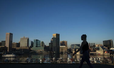 A pedestrian walks past the downtown Baltimore skyline in Federal Hill Park in November of 2020.