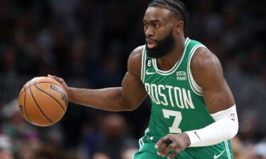 Jaylen Brown dribbles against the New Orleans Pelicans during the first half.