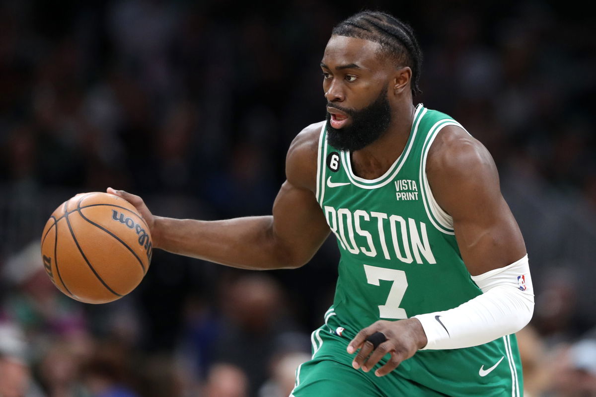 <i>Maddie Meyer/Getty Images</i><br/>Jaylen Brown dribbles against the New Orleans Pelicans during the first half.