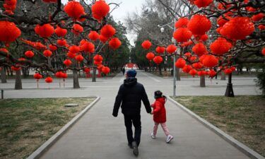 A man and a child pass red lanterns hanging on trees for the upcoming Lunar New Year celebrations at a park in Beijing
