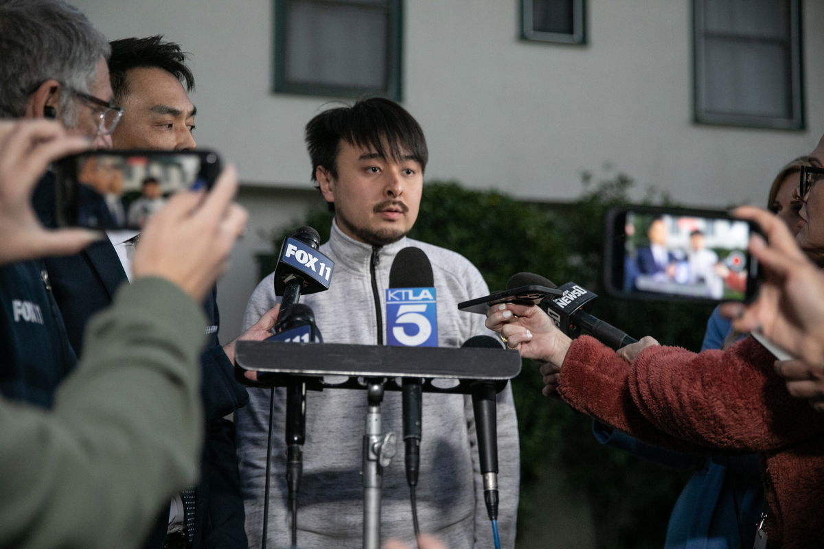 SAN MARINO, CA - JANUARY 23: Brandon Tsay who disarmed the gunman who opened fire at a ballroom dance studio in Monterey Park speaks with media on Monday, Jan. 23, 2023 in San Marino, CA. (Jason Armond / Los Angeles Times via Getty Images)