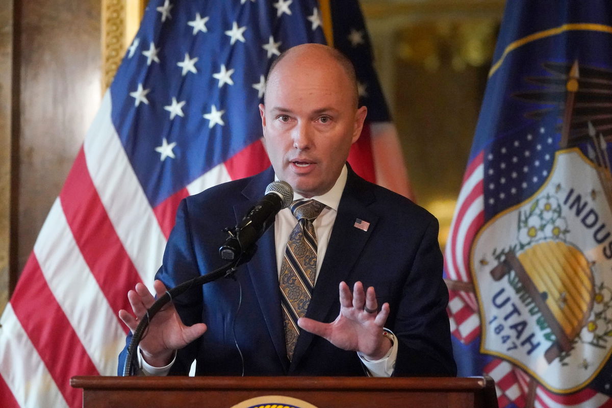 <i>Rick Bowmer/AP</i><br/>Utah Gov. Spencer Cox speaks during a news conference at the Utah Capitol building on Friday