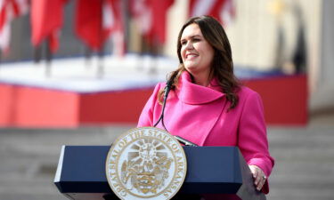 Arkansas Gov. Sarah Huckabee Sanders speaks after taking the oath of office on the steps of the Arkansas Capitol on January 10.