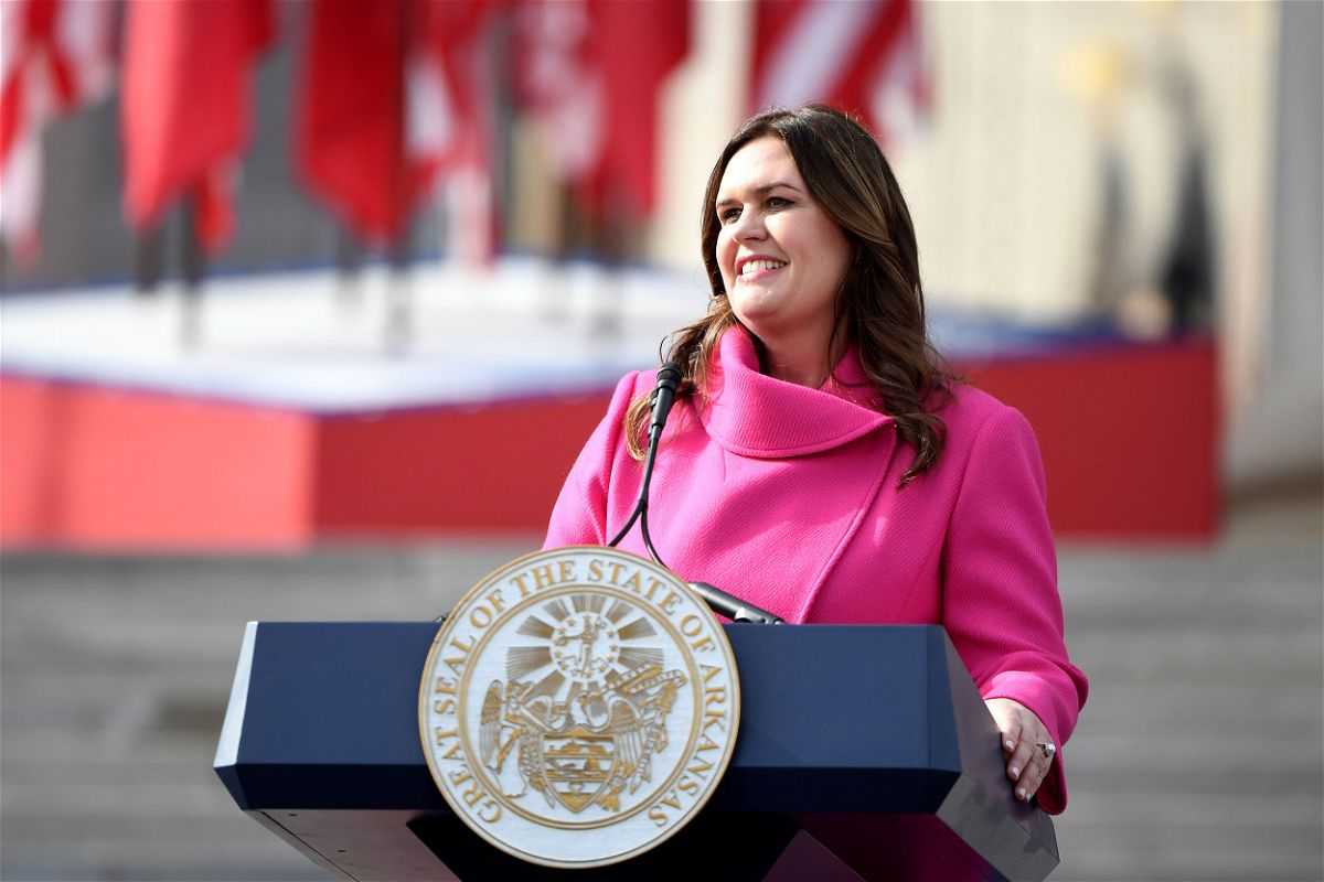 <i>Will Newton/AP</i><br/>Arkansas Gov. Sarah Huckabee Sanders speaks after taking the oath of office on the steps of the Arkansas Capitol on January 10.