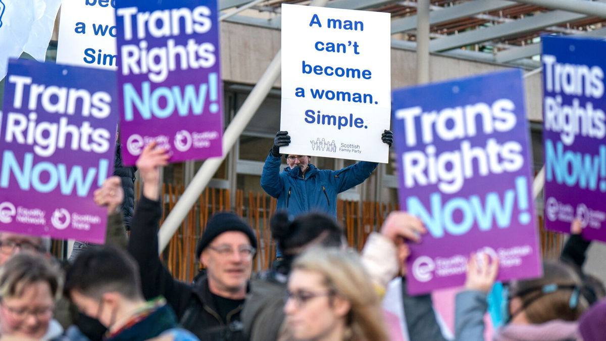 <i>Jane Barlow/Press Association via AP</i><br/>Members of the Scottish Family Party protest alongside supporters of the Gender Recognition Reform Bill outside the Scottish Parliament