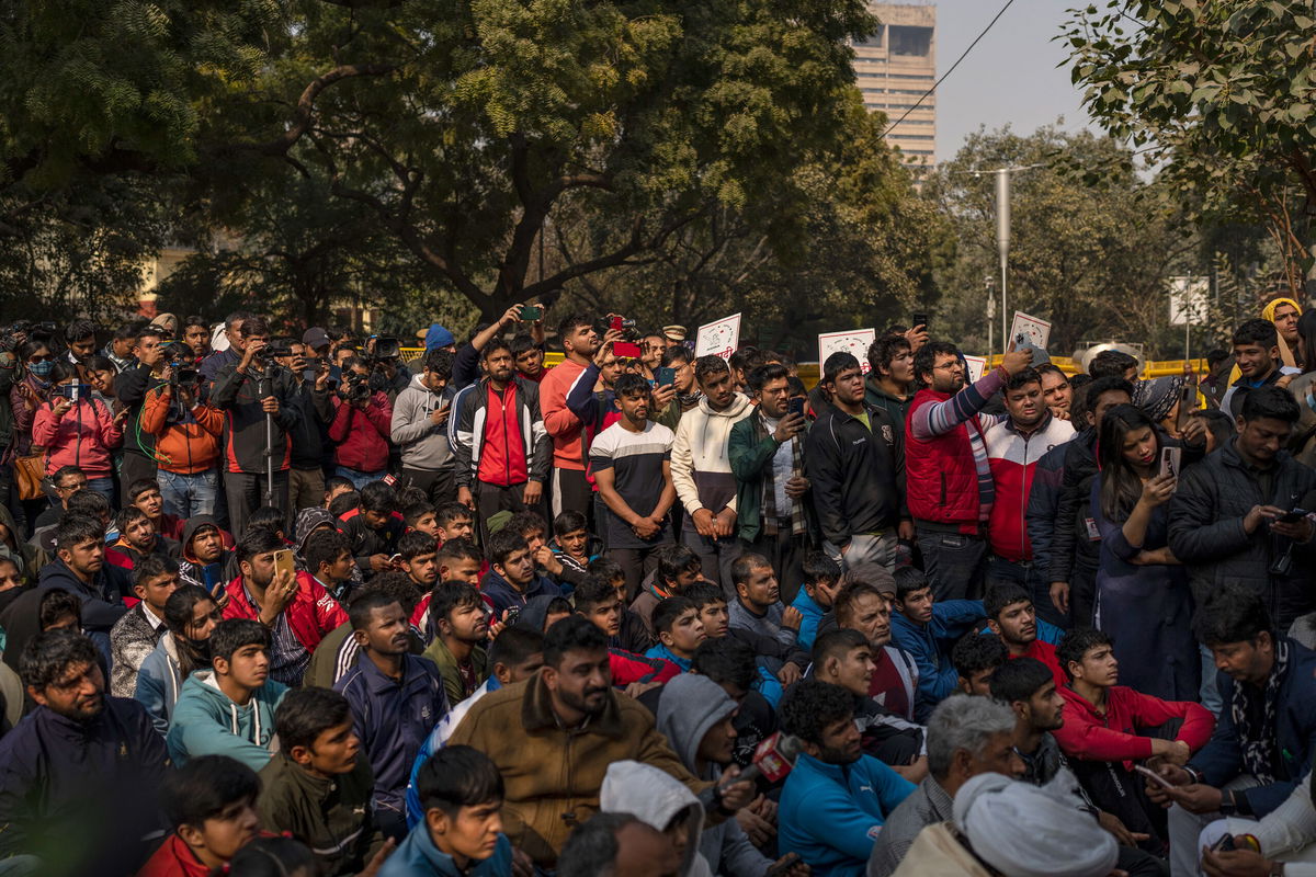 <i>Altaf Qadri/AP</i><br/>Top India wrestlers led a sit-in protest near the parliament building on Thursday.