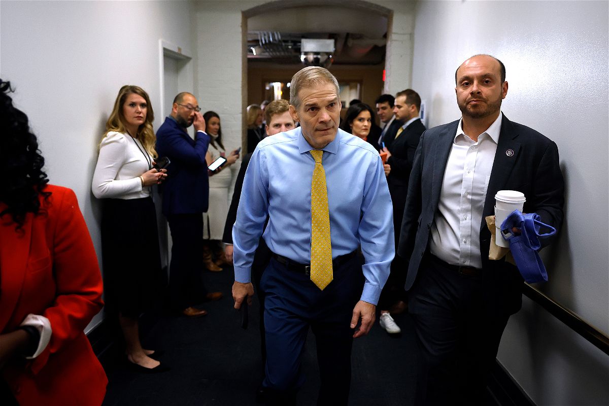 <i>Chip Somodevilla/Getty Images</i><br/>Rep. Jim Jordan (center) heads for a Republican caucus meeting before the start of the 118th Congress in the basement of the US Capitol Building on January 3.