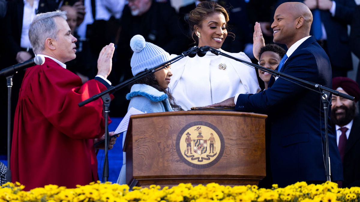 <i>Julia Nikhinson/AP</i><br/>Wes Moore (right) is sworn in as the 63rd governor of the state of Maryland by Maryland Supreme Court Chief Justice Matthew Fader on January 18 in Annapolis.