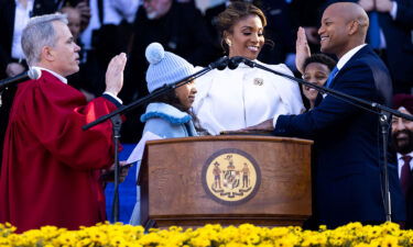 Wes Moore (right) is sworn in as the 63rd governor of the state of Maryland by Maryland Supreme Court Chief Justice Matthew Fader on January 18 in Annapolis.