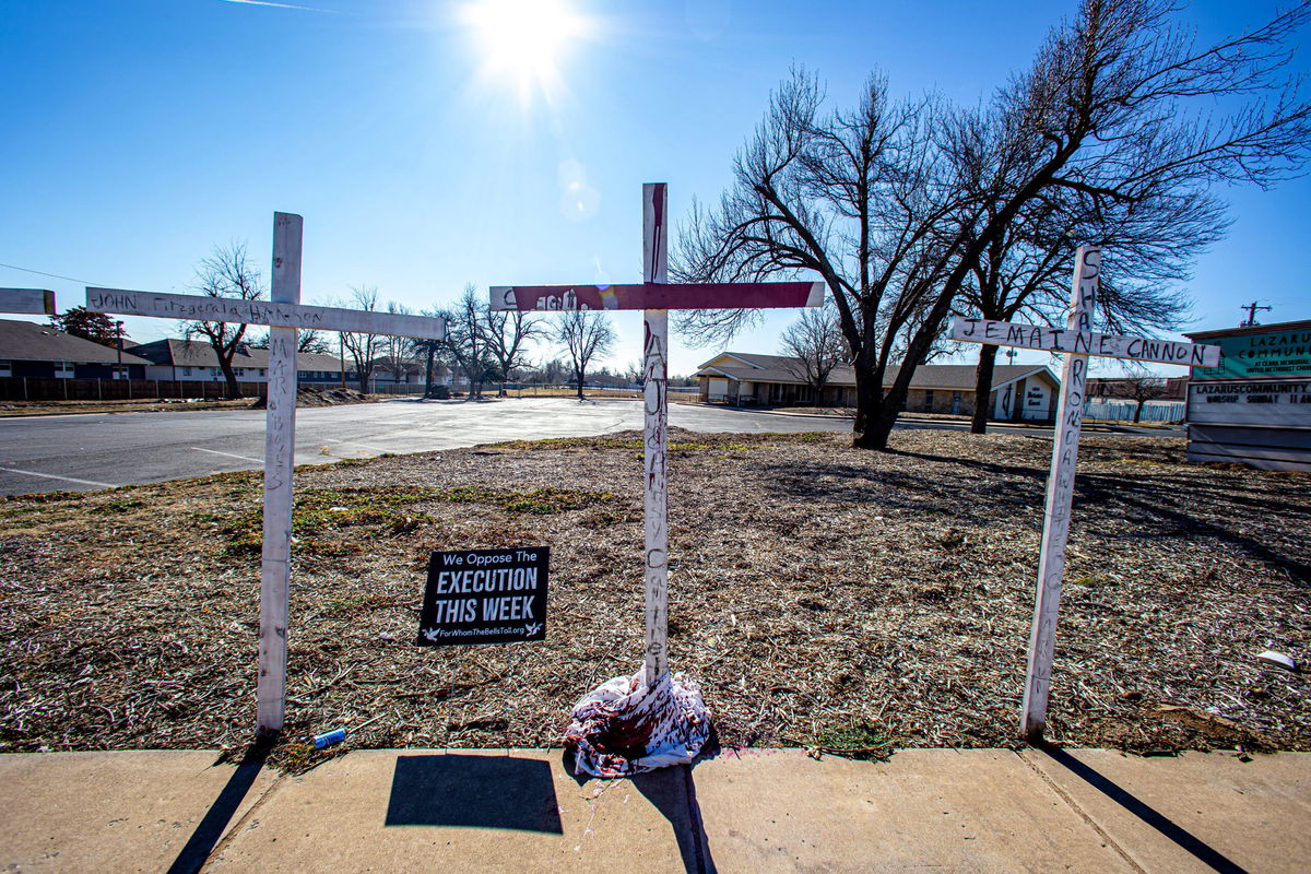 <i>Nathan J. Fish/The Oklahoman/USA Today Network</i><br/>A cross was painted red on January 13