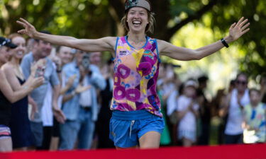 Erchana Murray-Bartlett completed 150 marathons in 150 days. Murray-Bartlett here crossed the finish line at the Tan Track in Melbourne on January 16.