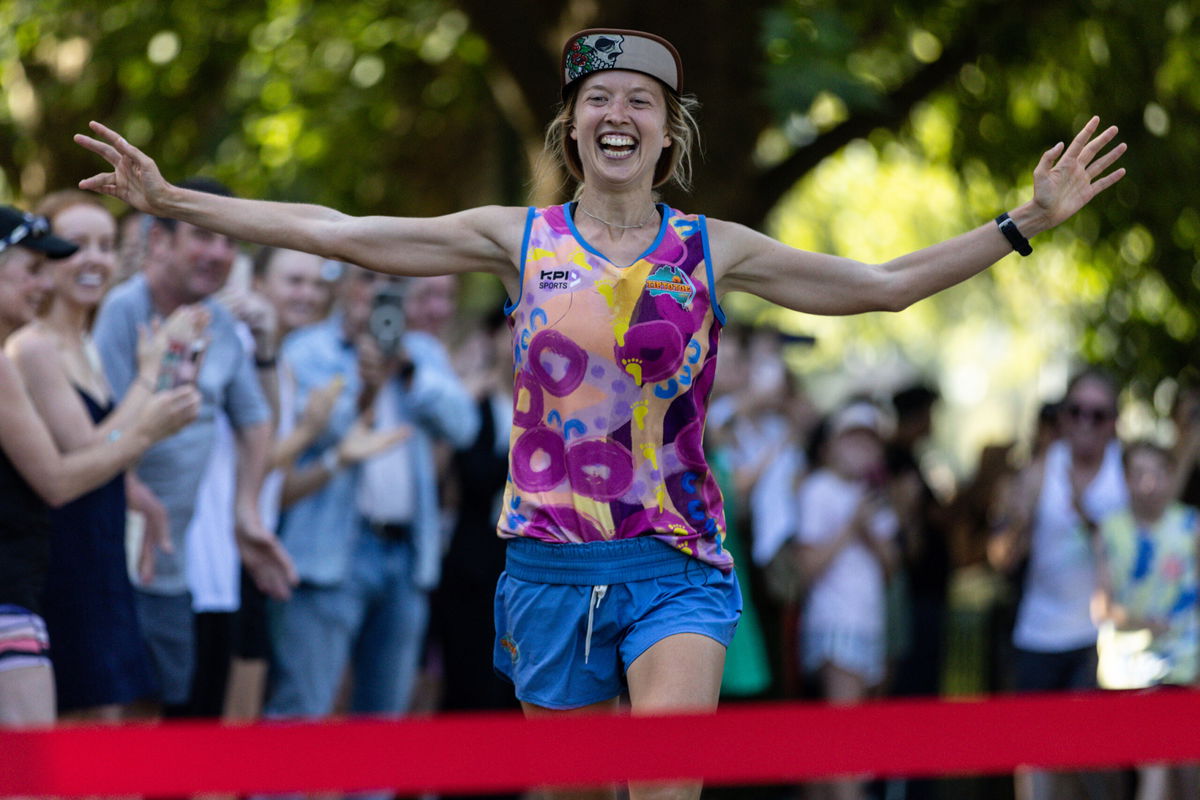 <i>Diego Fedele/AAP/Reuters</i><br/>Erchana Murray-Bartlett completed 150 marathons in 150 days. Murray-Bartlett here crossed the finish line at the Tan Track in Melbourne on January 16.