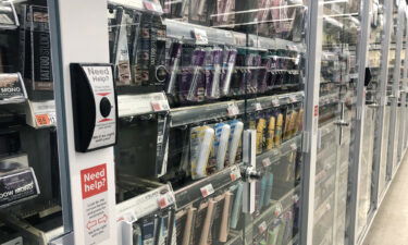 Beauty products under lock and key at a Walgreens in New York City.