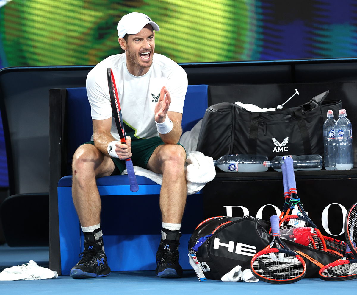 <i>Clive Brunskill/Getty Images</i><br/>Andy Murray reacts during a change over in his second-round match against Thanasi Kokkinakis.