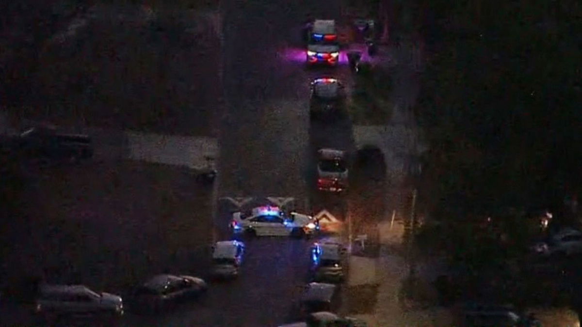 An aerial view of police responding to multiple people shot at the scene of earlier shooting in Orange County, Florida, on Wednesday, February 22, 2023.